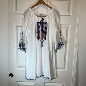 Boho Chic White and Blue Embroidered Mini Dress